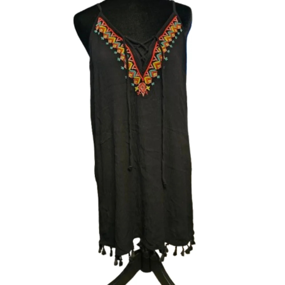 Francesca's Black Embroidered Swim Cover-up with fringe